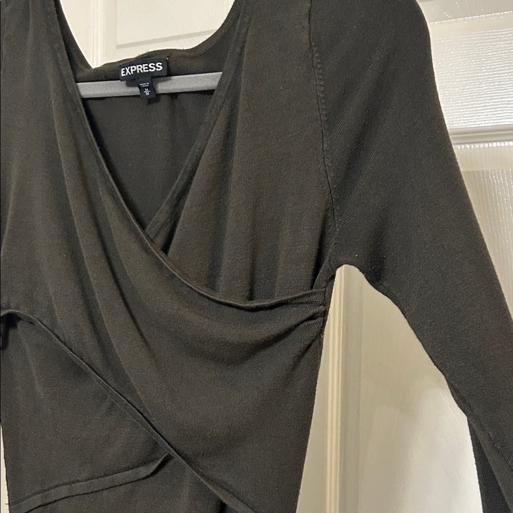 Express Asymmetrical Faux Wrap Dress Midi Dark Olive Brown Fall Sweater Stretchy